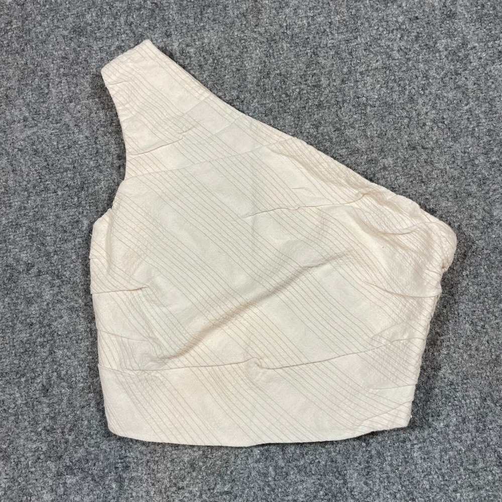 Zara Crop Top Womens XS Cream One Shoulder Textured Cotton Asymmetrical Side Zip